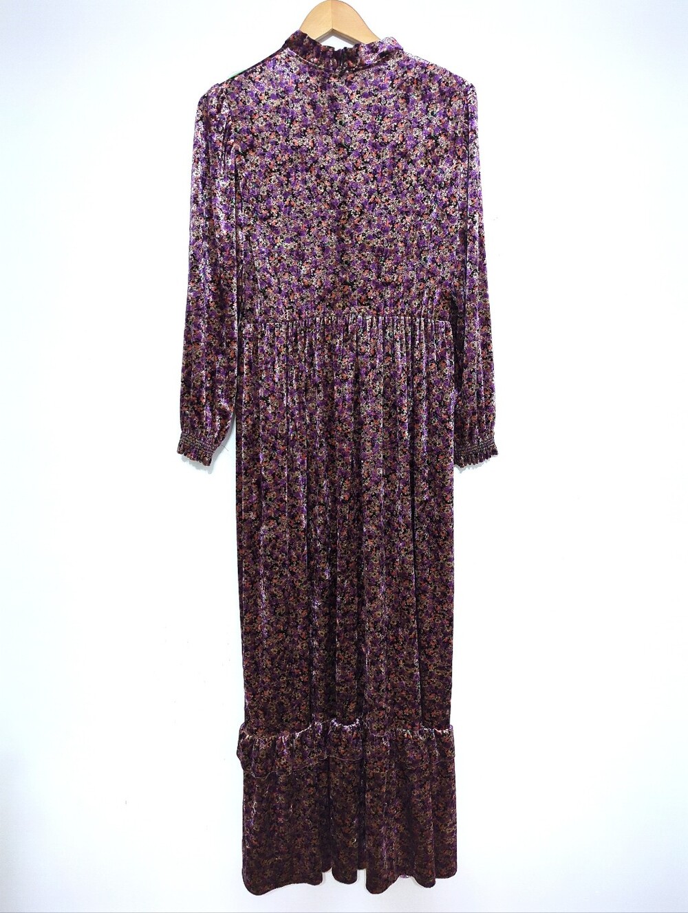 Vintage Purple Velvet Floral Maxi Dress Ruffle Mock Neck Ren Fair Whimsigoth M - Picture 4 of 9